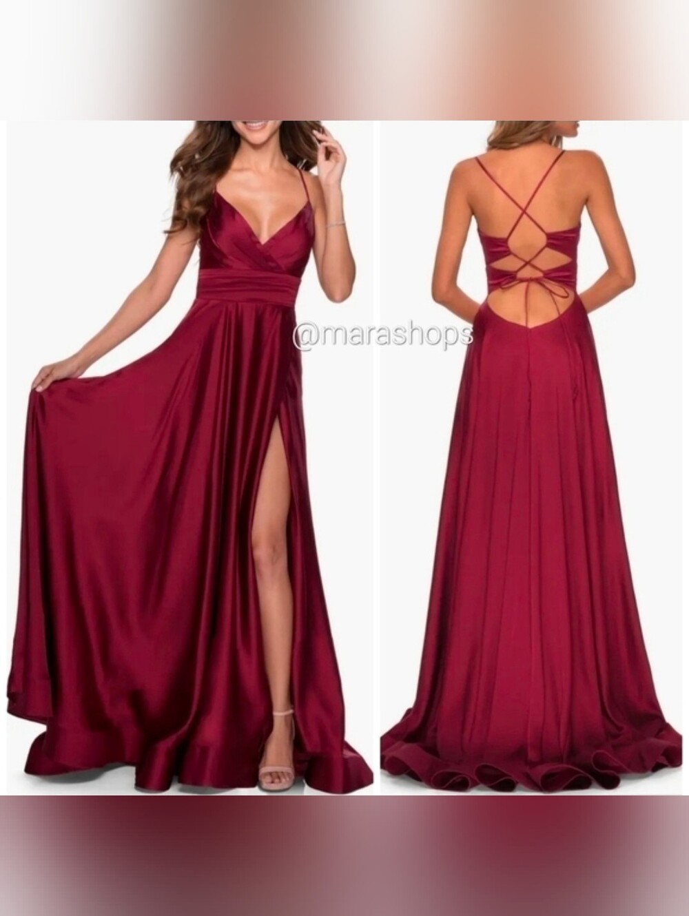 La Femme Satin Empire Waist Sleeveless Gown